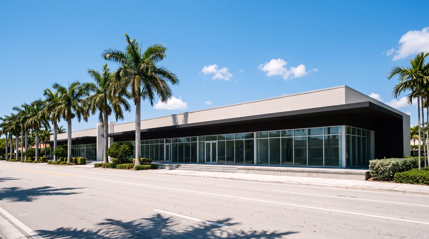 One-storey commercial building along an empty palm-lined boulevard under cumulus