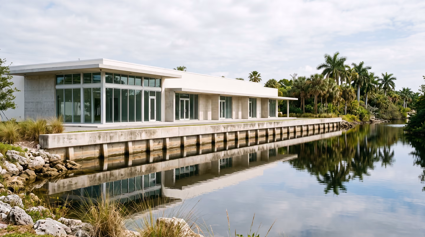 Low commercial building on a canal edge, seawall and still water