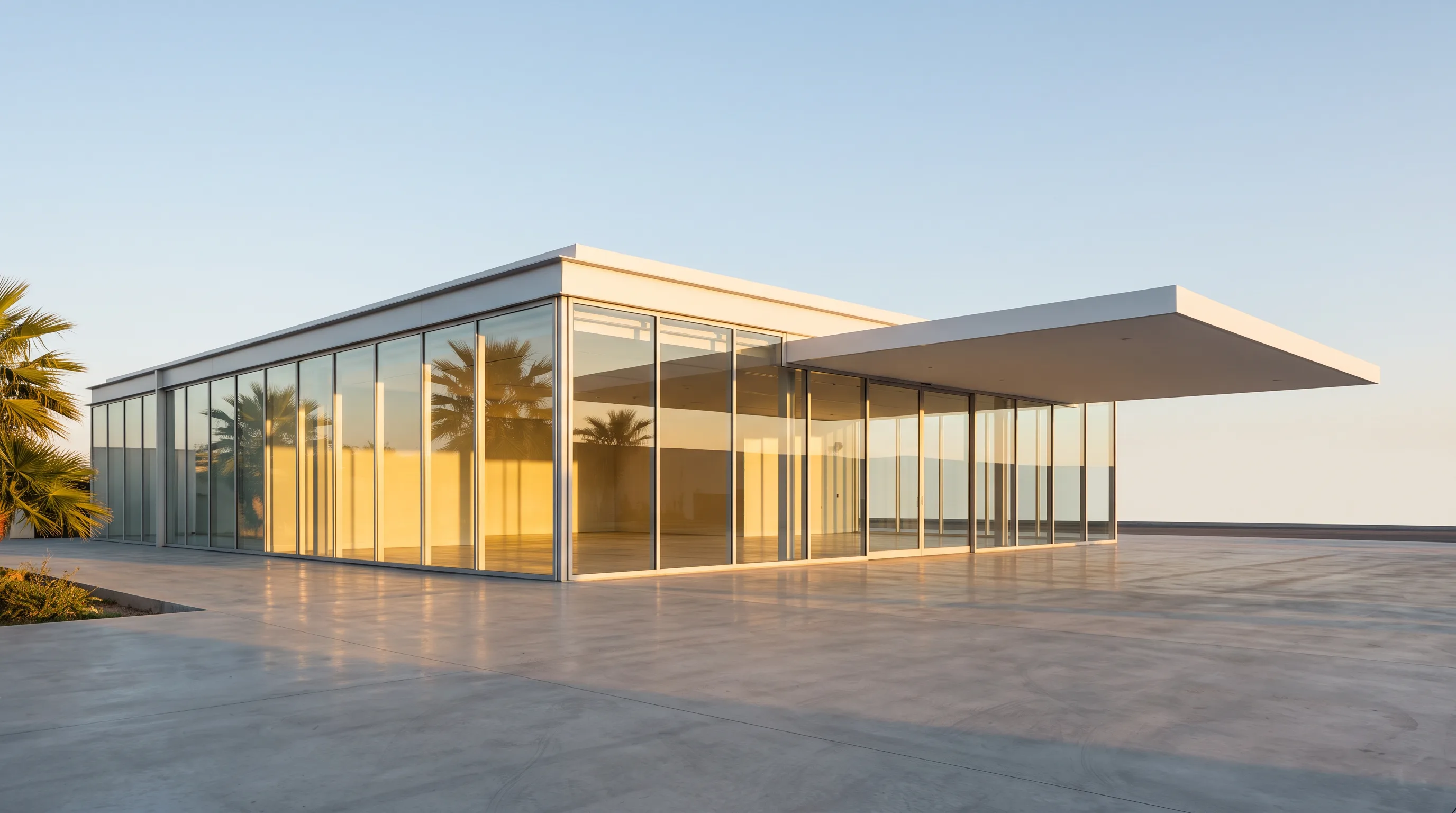 Empty showroom floor of an unnamed dealership building behind a clear-span glass frontage