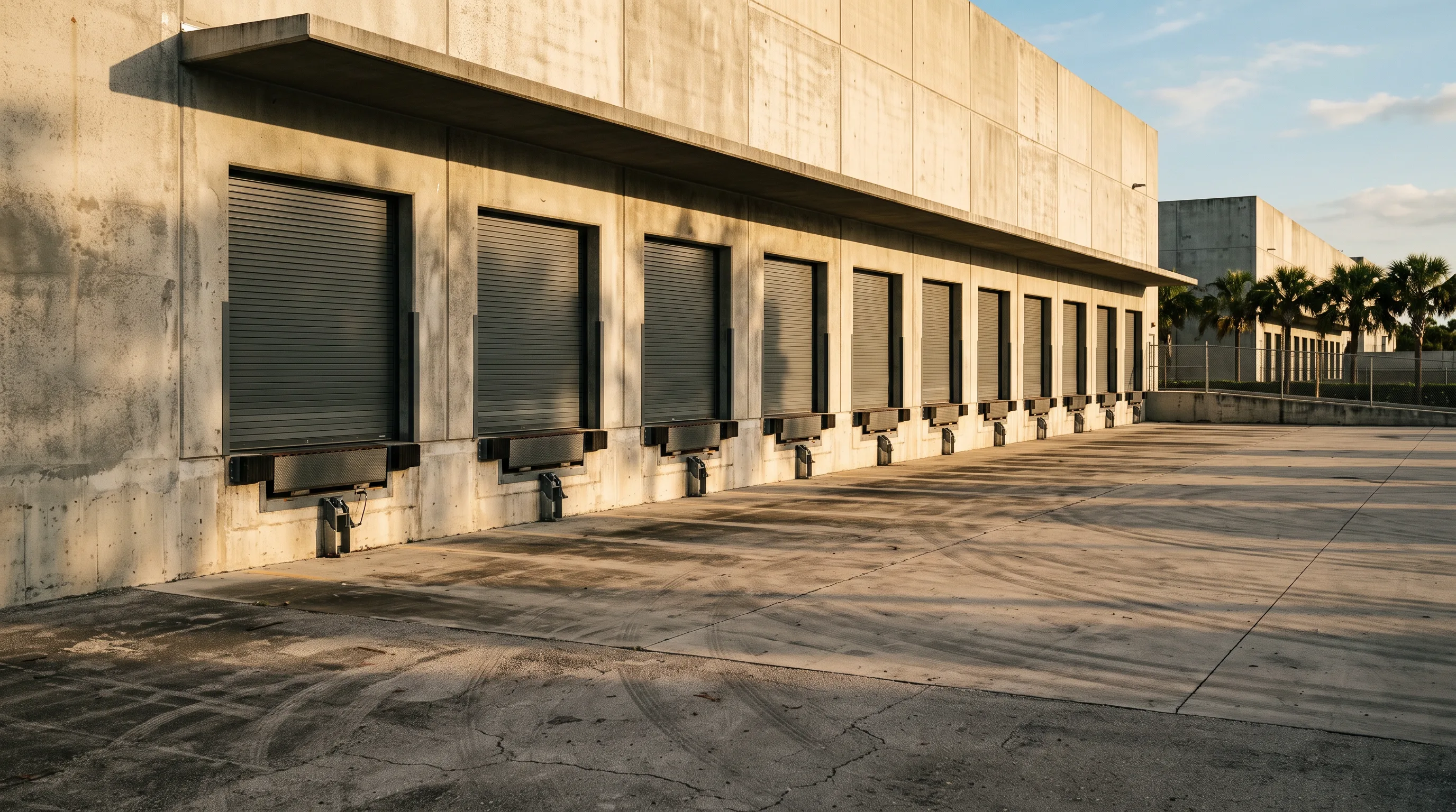 Loading-dock elevation with sealed doors over an empty concrete apron