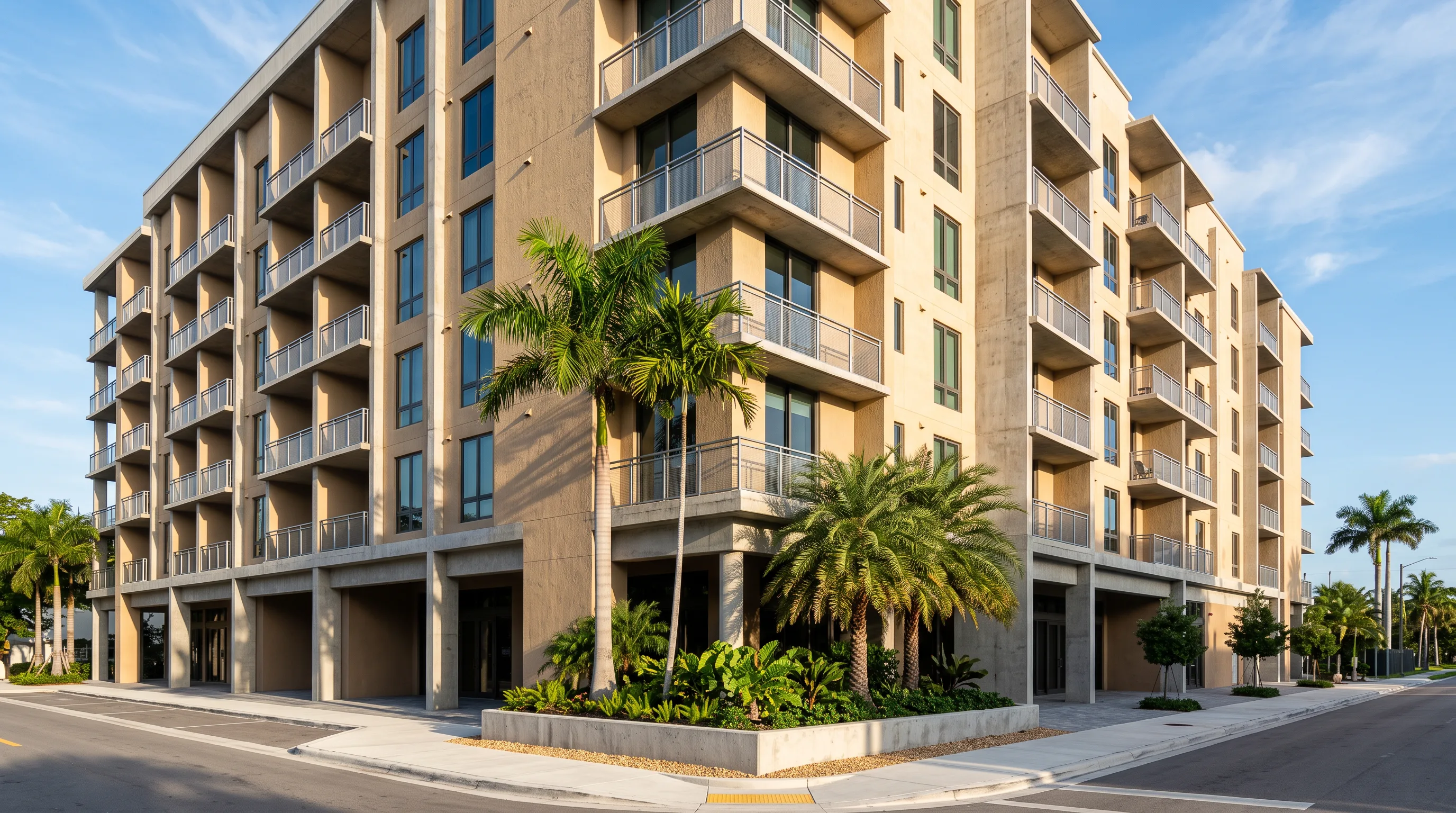 Mid-rise multifamily corner elevation with balcony plates in morning light
