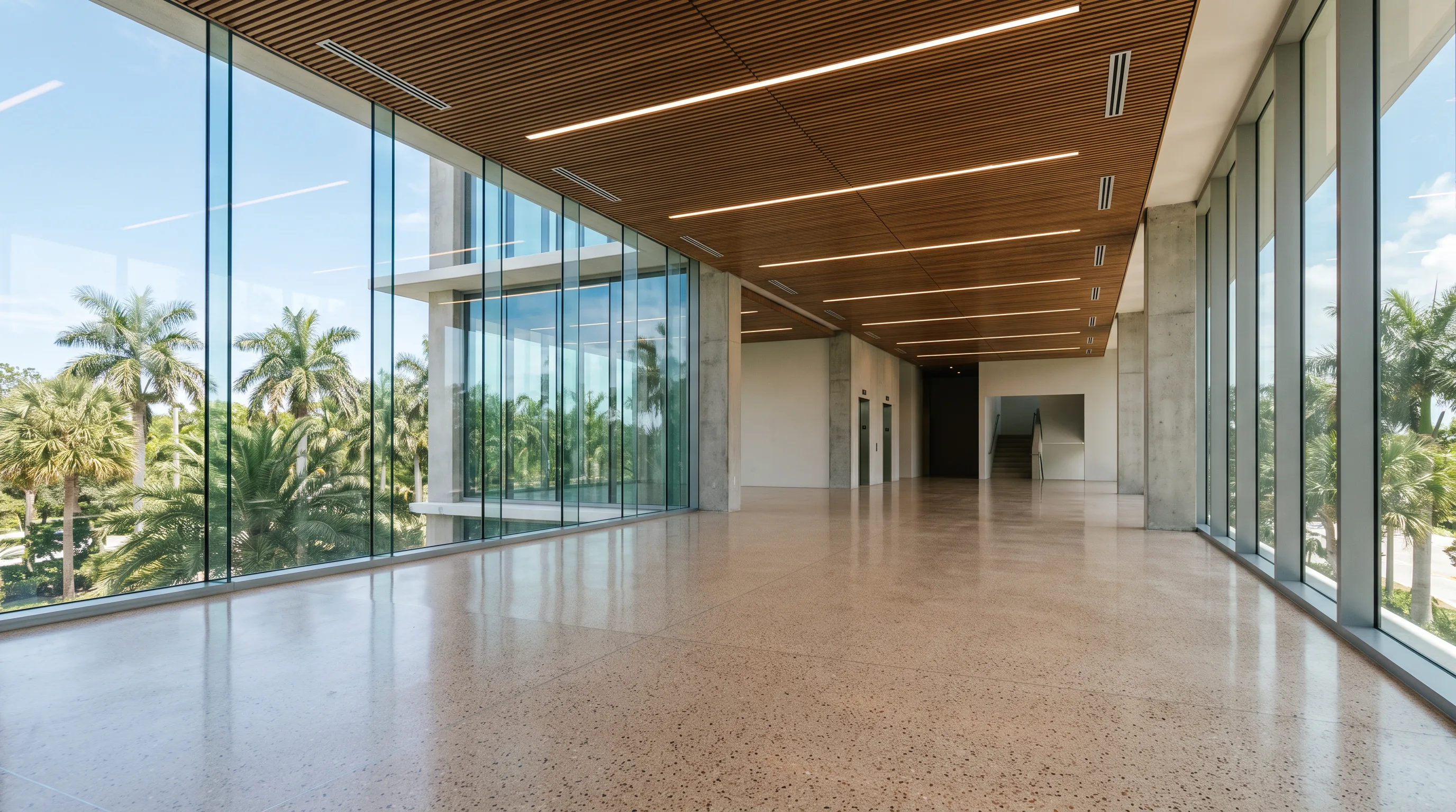 Unfurnished office lobby running to a glazed wall onto palms