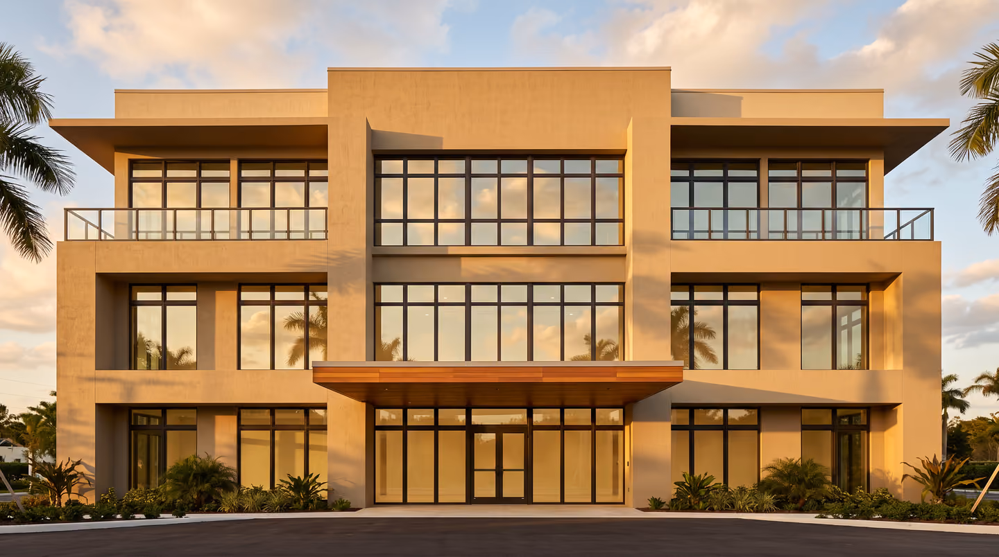 Three-storey office frontage of glazed bays and stucco piers under a low sun